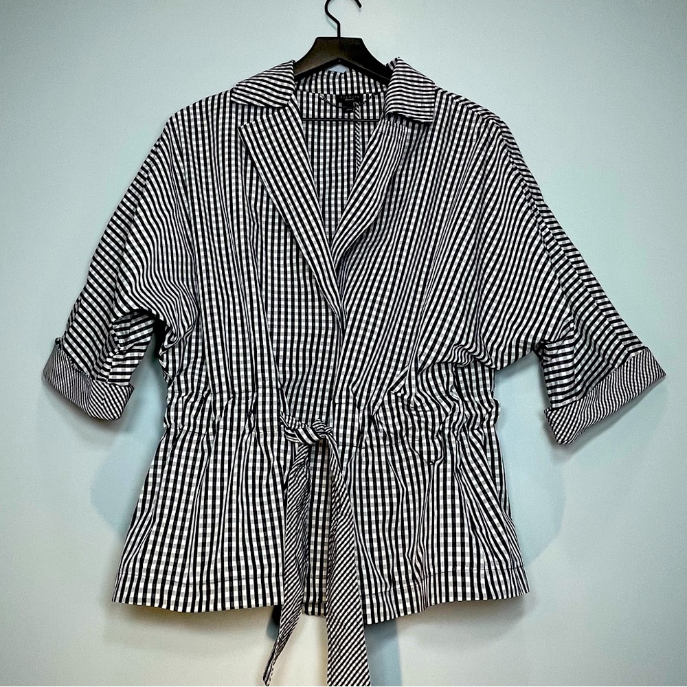 TALBOTS Womens Black White Gingham Lightweight Belt Jacket Dolman Sleeve Size L